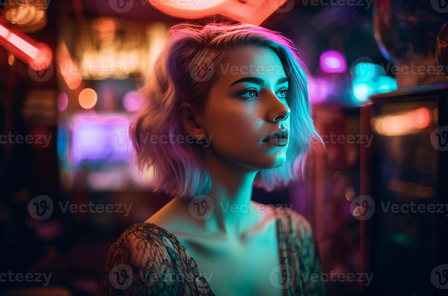 AI generated Young beautiful woman in neon multicolored room. Generate ai photo
