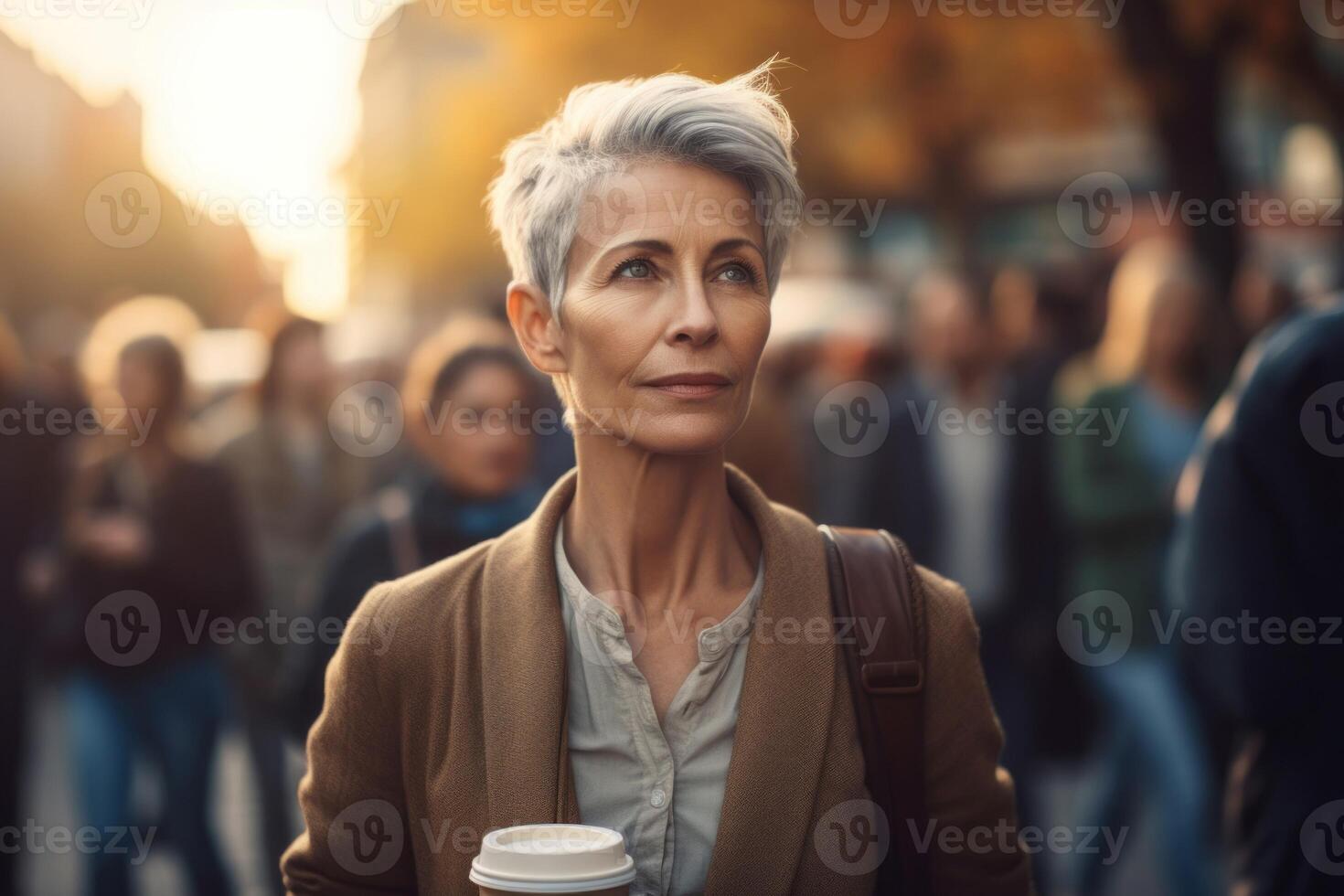 AI generated Mature woman drinks takeaway coffee on urban street. Generate ai photo