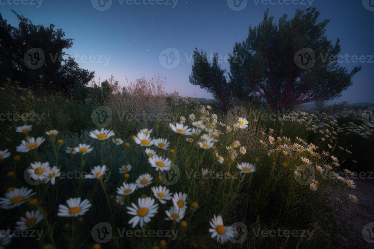 AI generated Chamomile field with evening twilight sky. Generate ai photo