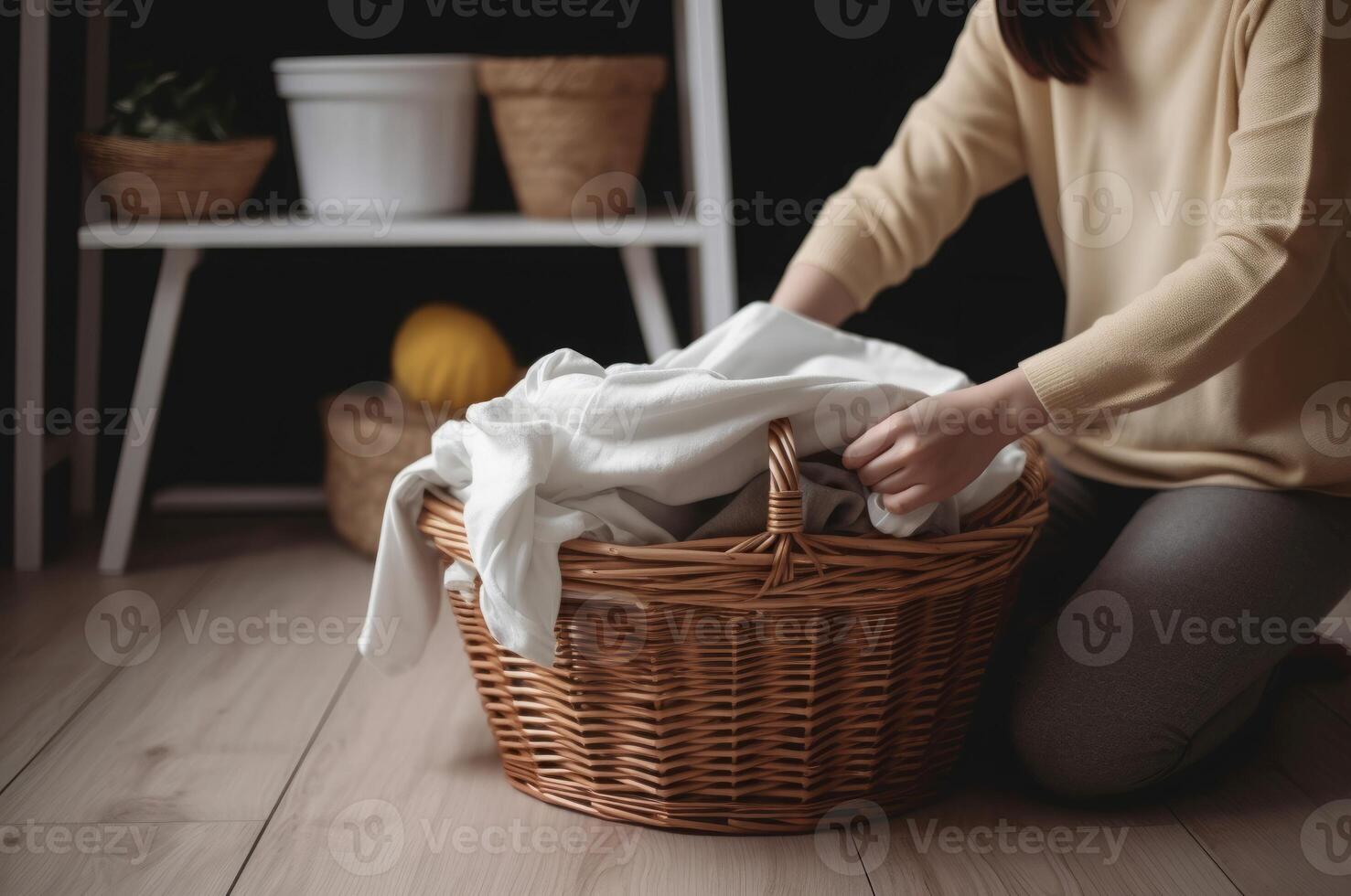 AI generated Woman folding laundry basket. Generate ai photo