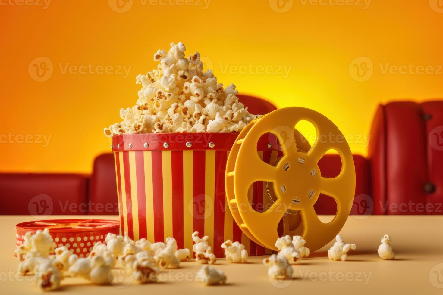 AI generated Film reel with popcorn bucket. Generate ai photo