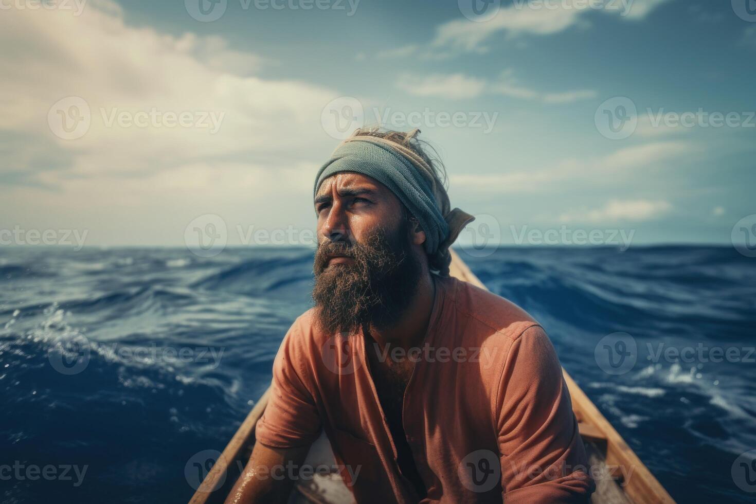 AI generated Sailor survival on boat in the middle of ocean. Generate ai photo