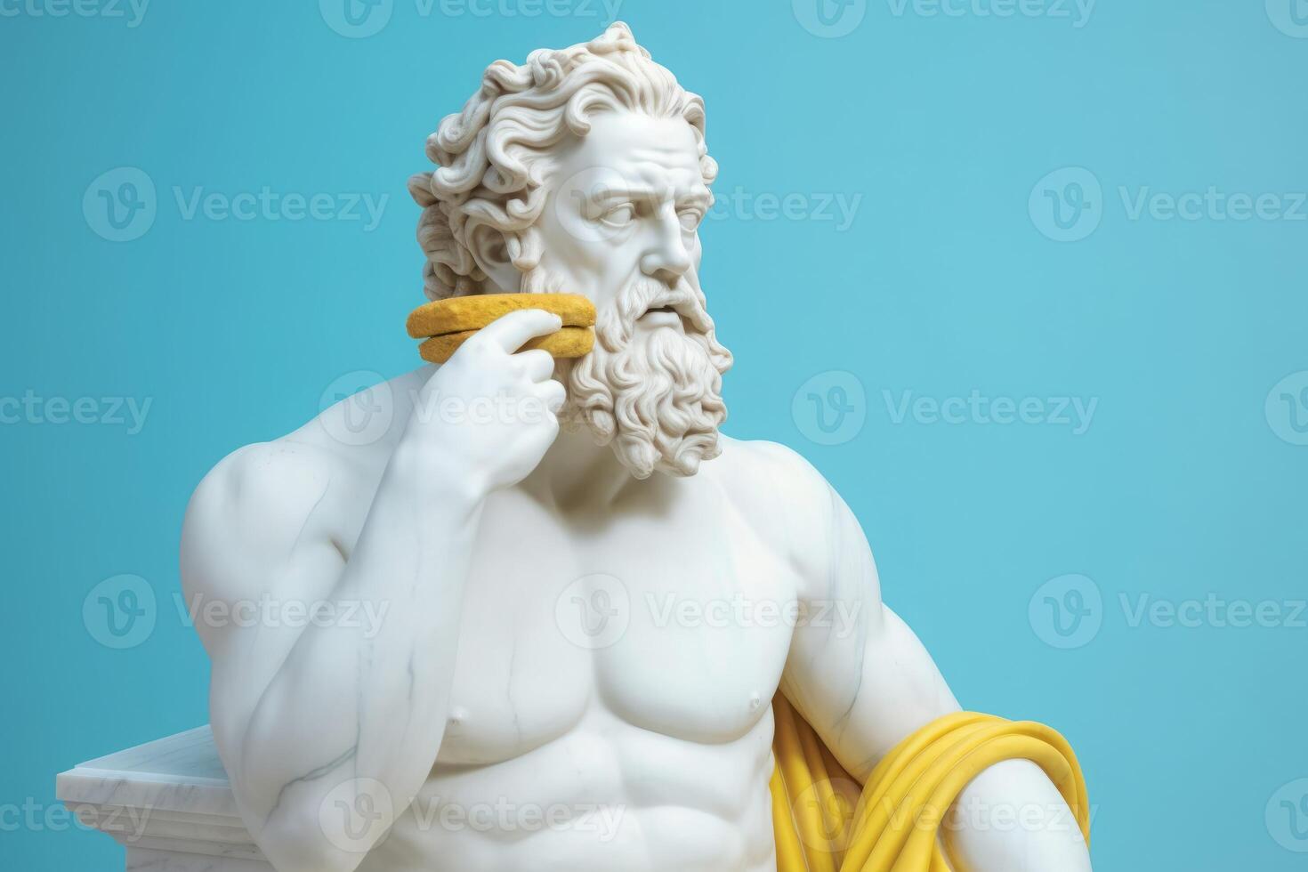 AI generated Greek statue Poseidon holds cheeseburger. Generate ai photo