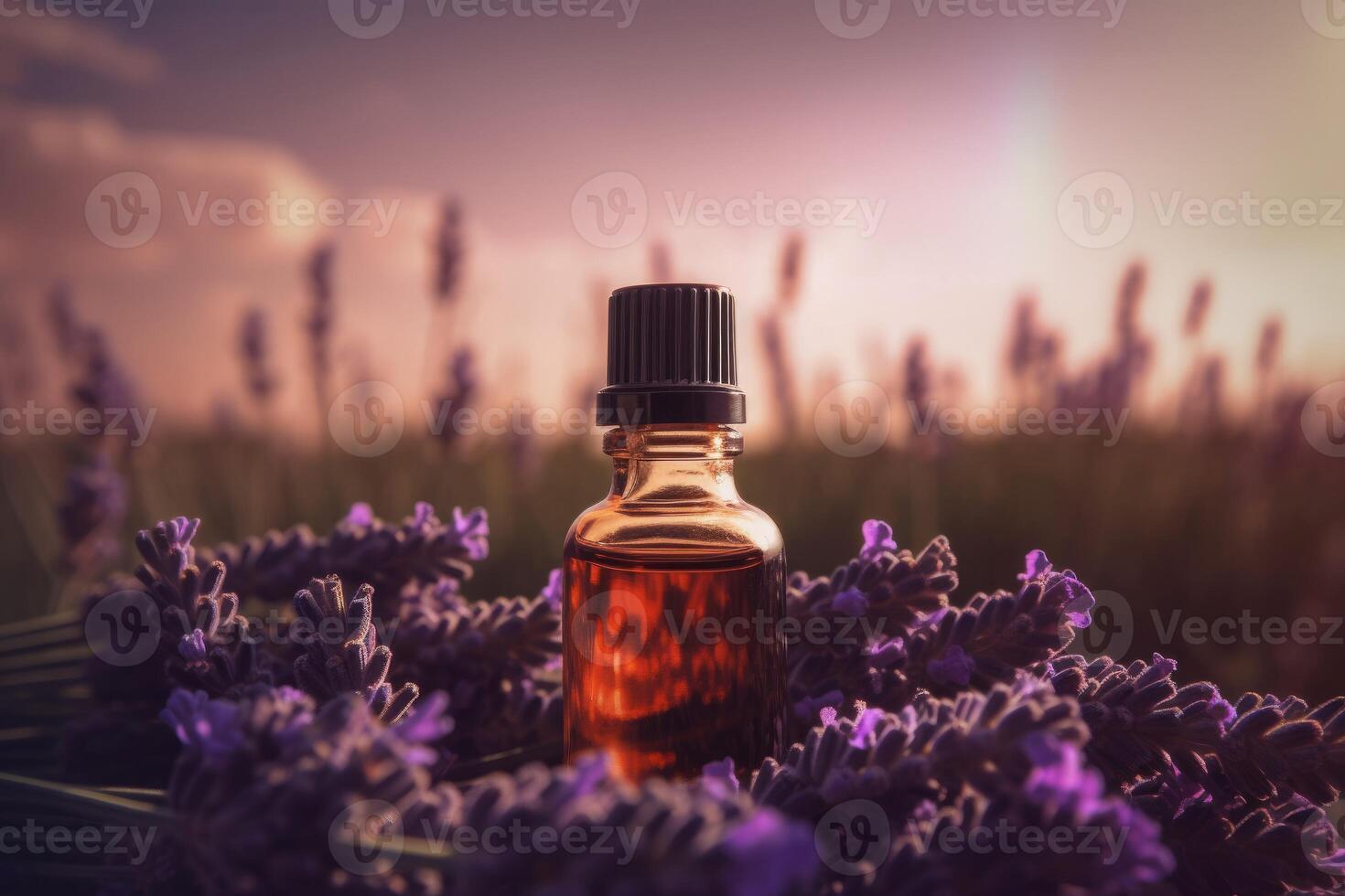 AI generated Essential aromatic oil lavender in purple field. Generate ai photo