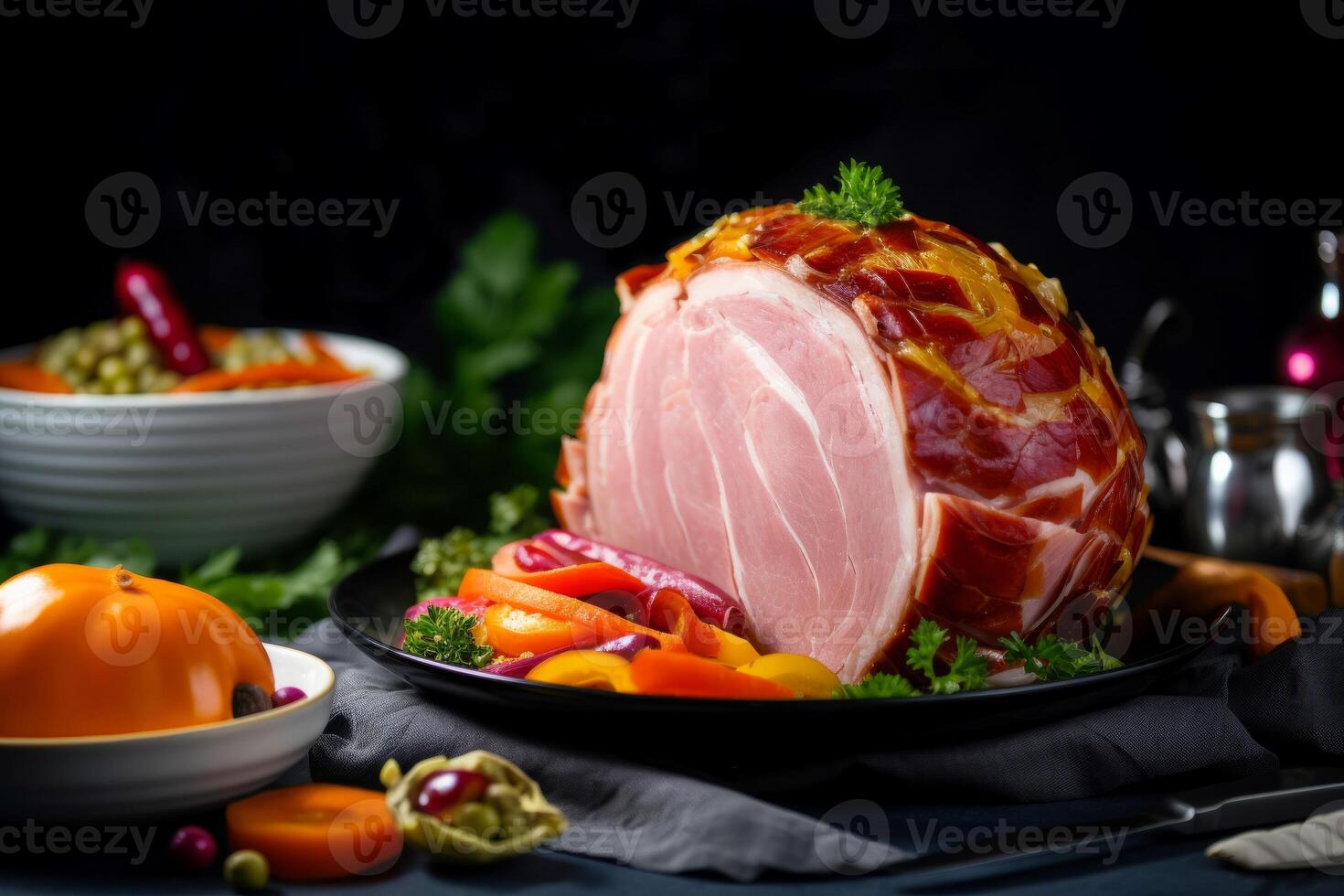 AI generated Cooked ham with colorful fresh vegetables. Generate ai photo