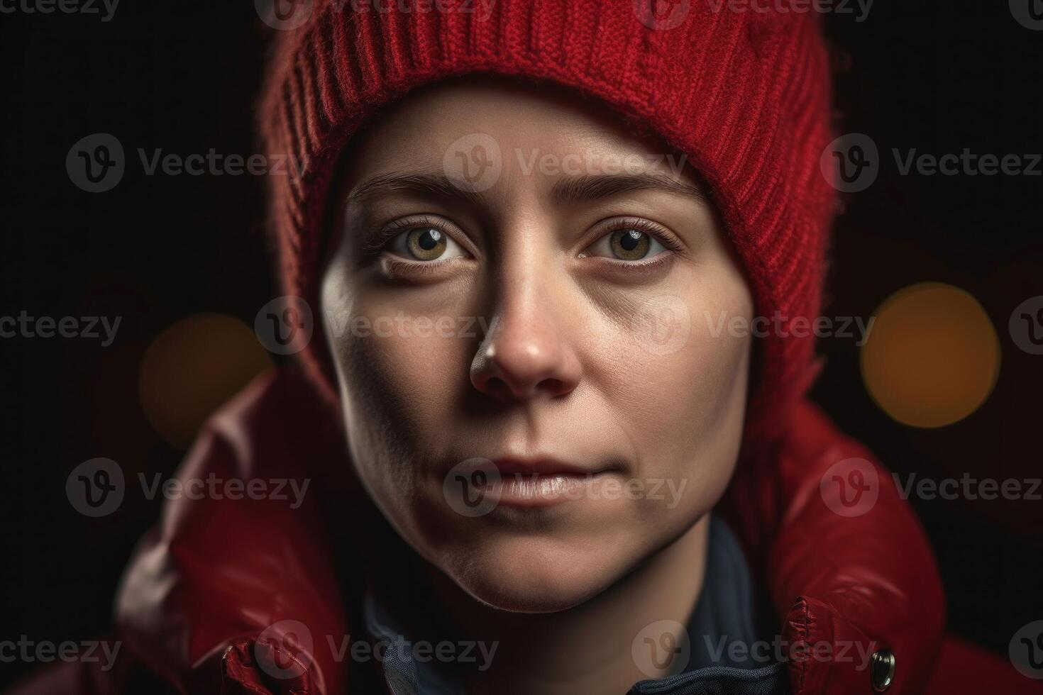 AI generated Woman with blond hair in red warm hat. Generate ai photo