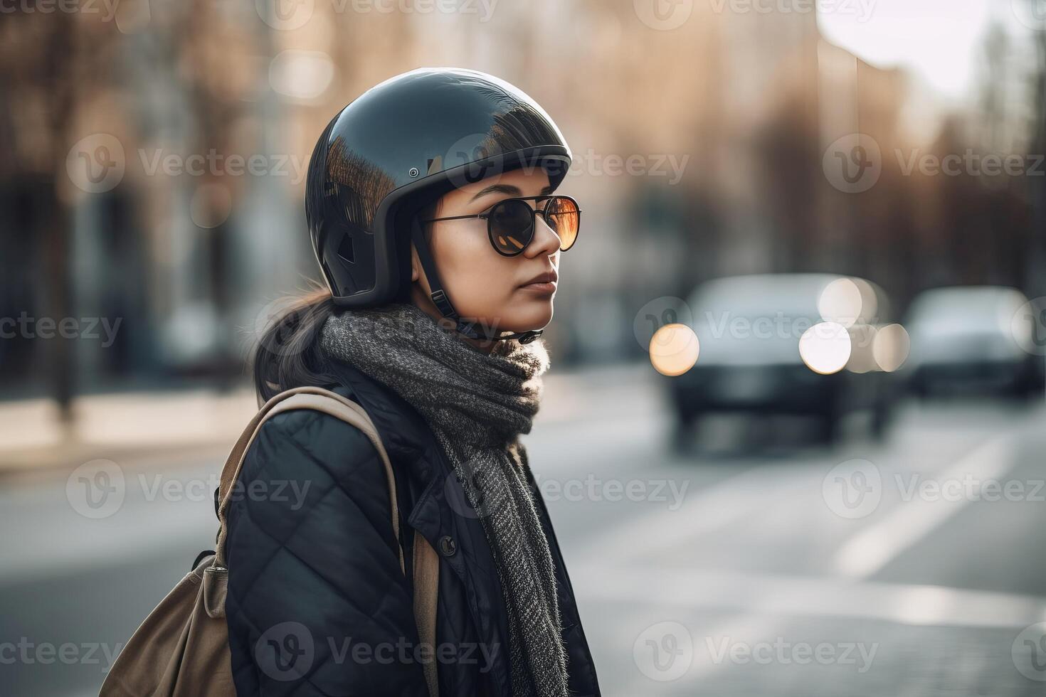 AI generated Woman with scooter wearing safety helmet. Generate ai photo