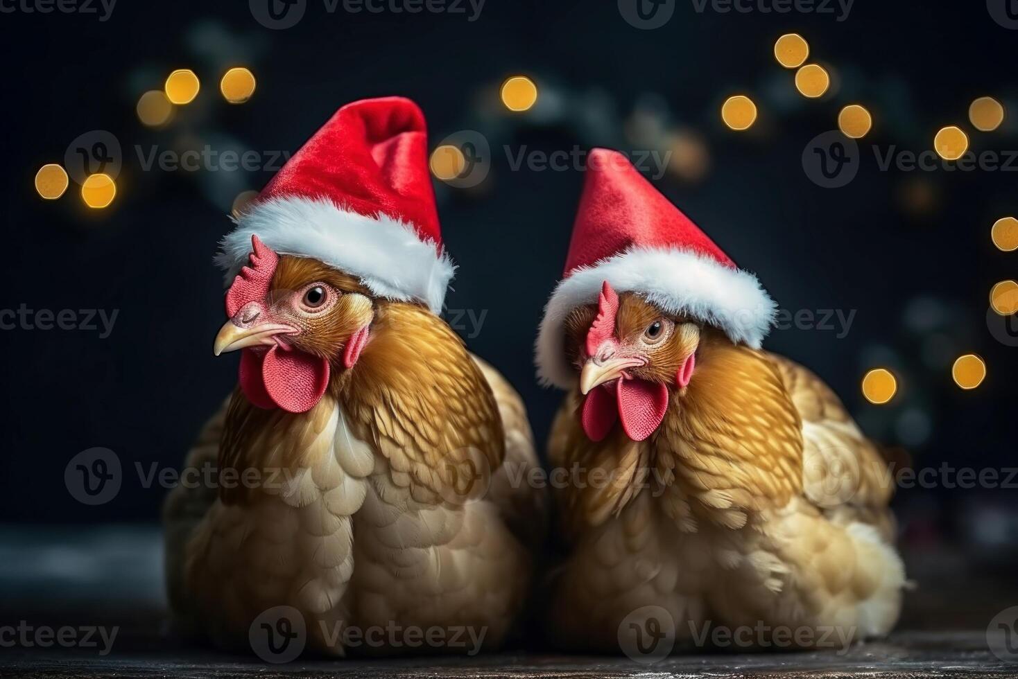 AI generated Chicken with Christmas hats on festive lights background. Generate ai photo