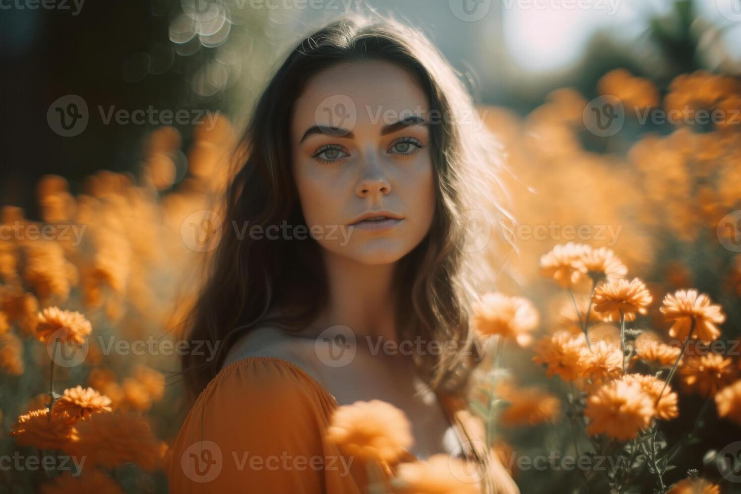 AI generated Young woman wearing orange top in floral field. Generate ai photo