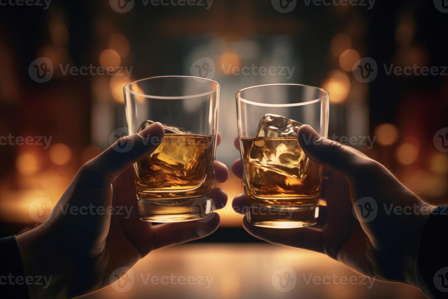 AI generated Hands cheers ice whiskey glasses. Generate ai photo