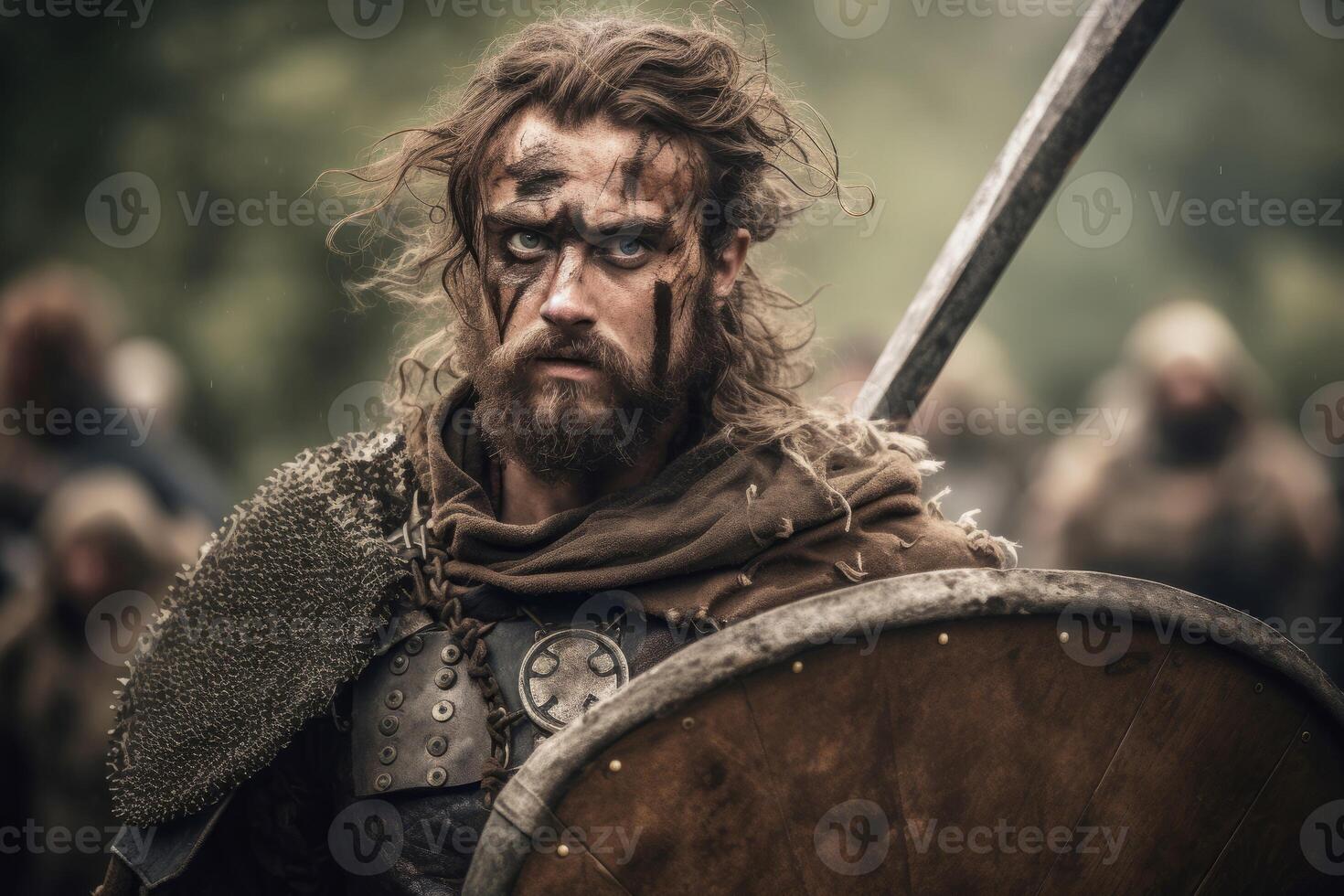 AI generated Celtic warrior person sad face. Generate Ai photo