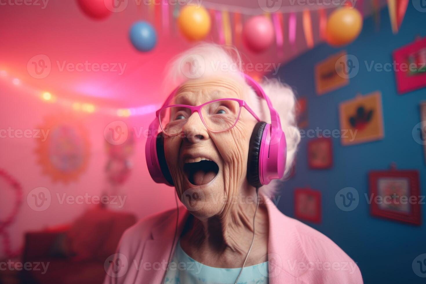 AI generated Happy excited elderly woman with screaming positive face. Generate ai photo