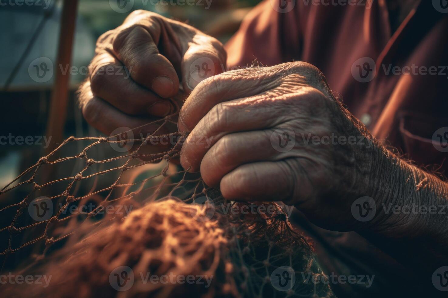 AI generated Male hands untie fishing net. Generate ai photo
