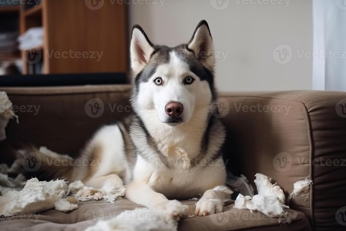 AI generated Husky destroyed sofa. Generate ai photo