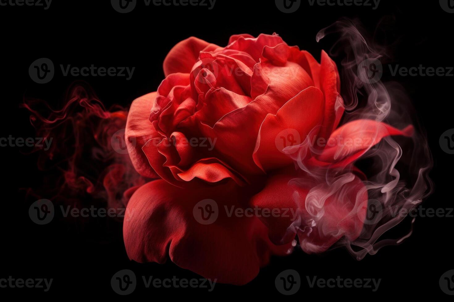 AI generated Rose wrapped red smoke in darkness. Generate ai photo