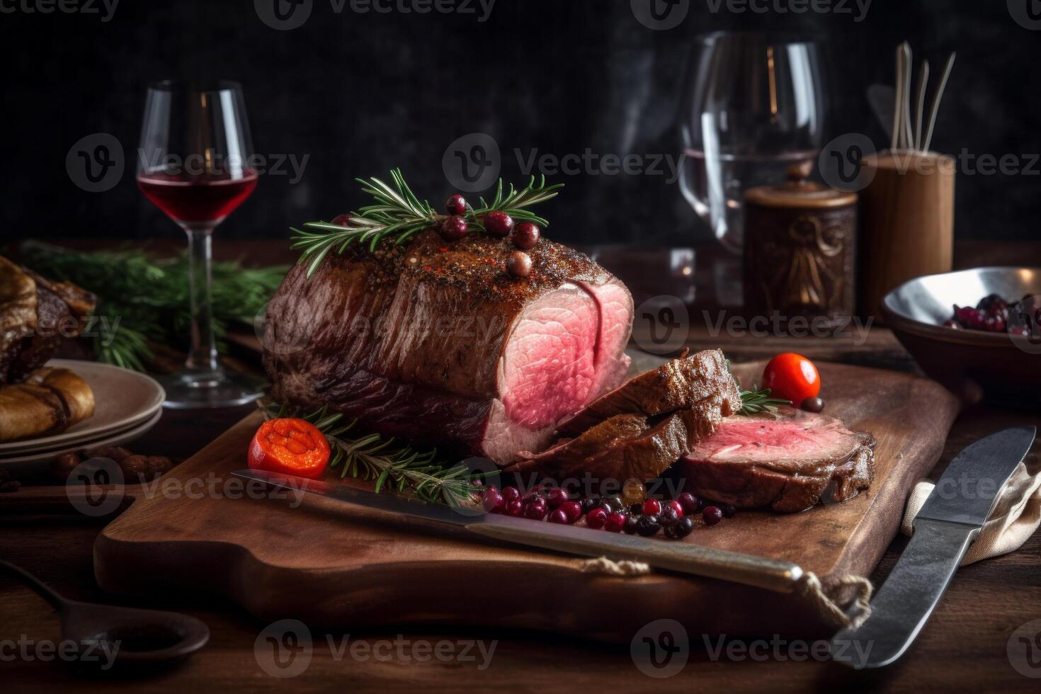 AI generated Roasted beef on wooden board still life. Generate ai photo