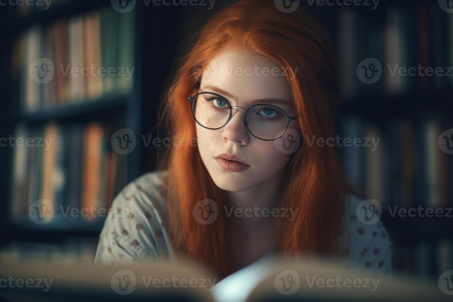 AI generated Red haired female with glasses in bookstore. Generate ai photo