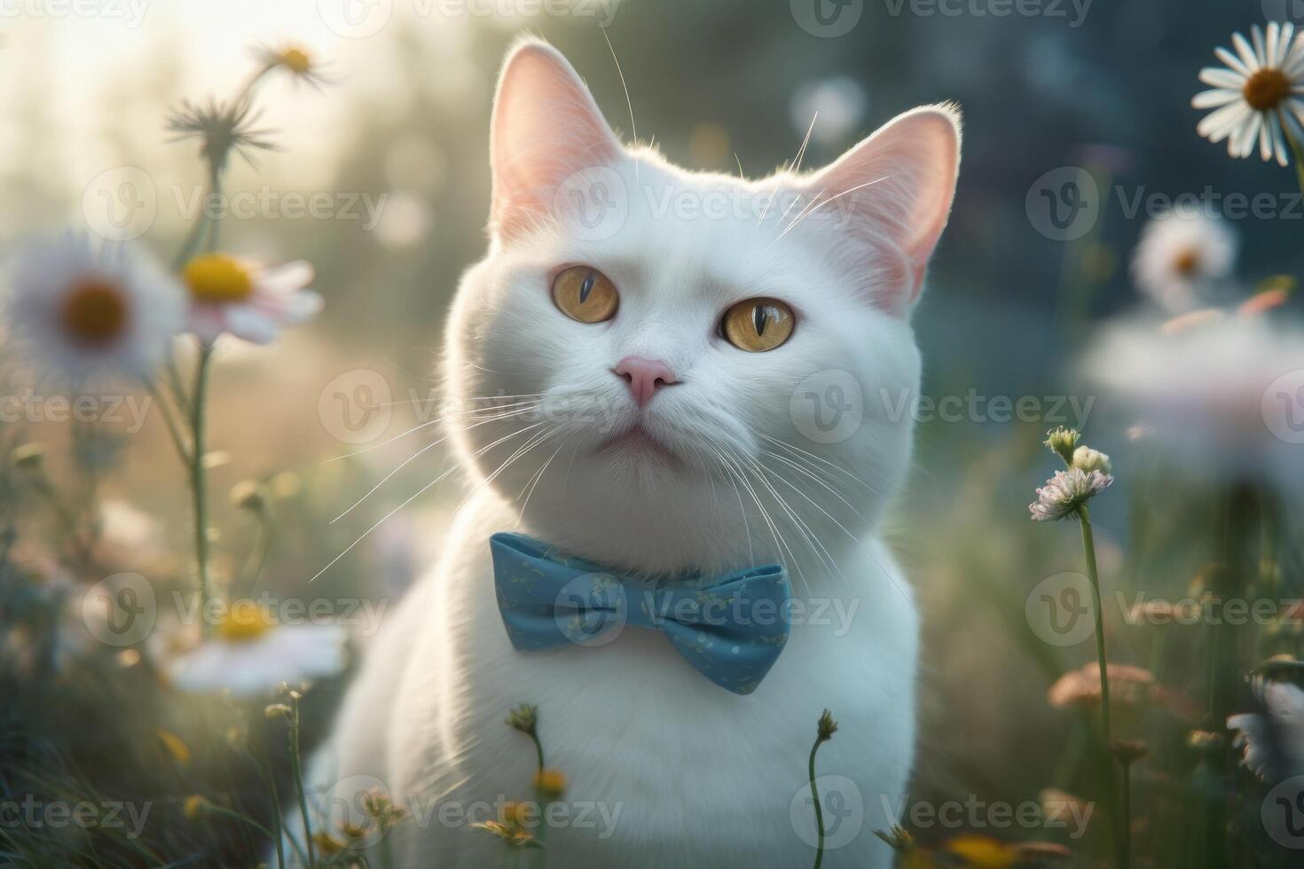 AI generated White cat with blue bow in flower field. Generate ai photo