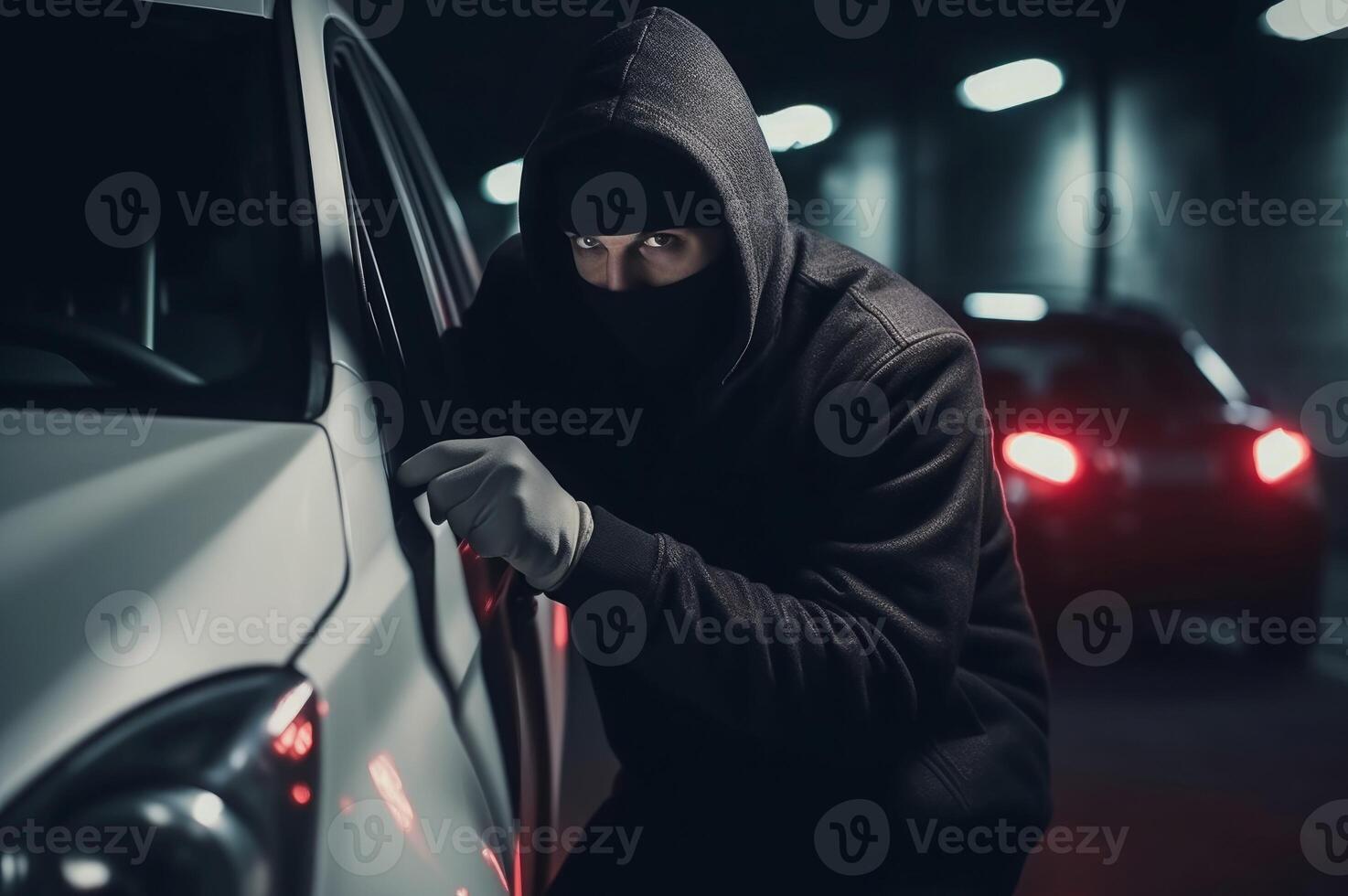 AI generated Car thief breaking stealing night outdoor. Generate Ai photo