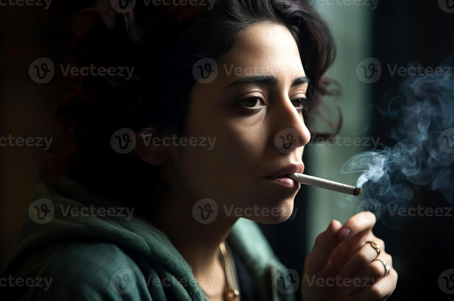 AI generated Hispanic somber woman smoking. Generate ai photo