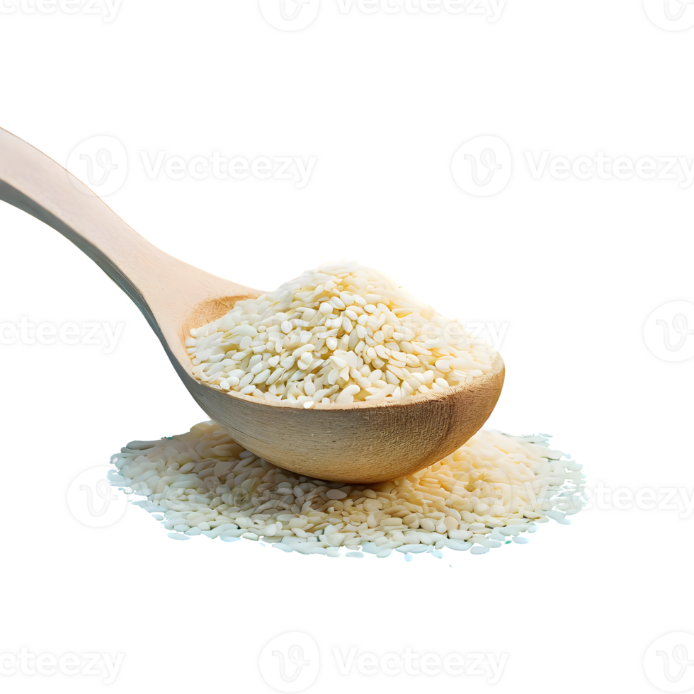 AI generated White sesame seeds in a wooden spoon isolated on transparent background png