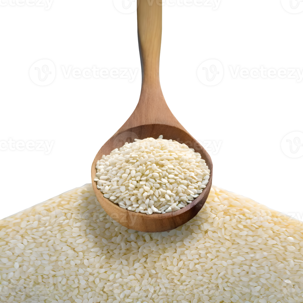 AI generated White sesame seeds in a wooden spoon isolated on transparent background png