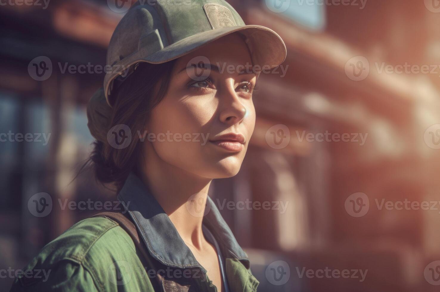 AI generated Beautiful woman in construction overalls and safety helmet. Generate ai photo