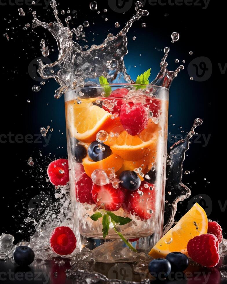 AI generated A fresh fruit in a glass of water with water splash on black background. photo