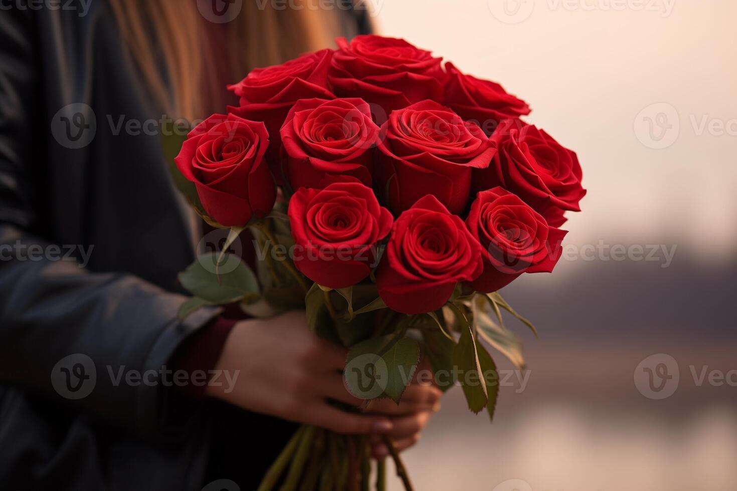 AI generated A bouquet of rose in woman hand photo