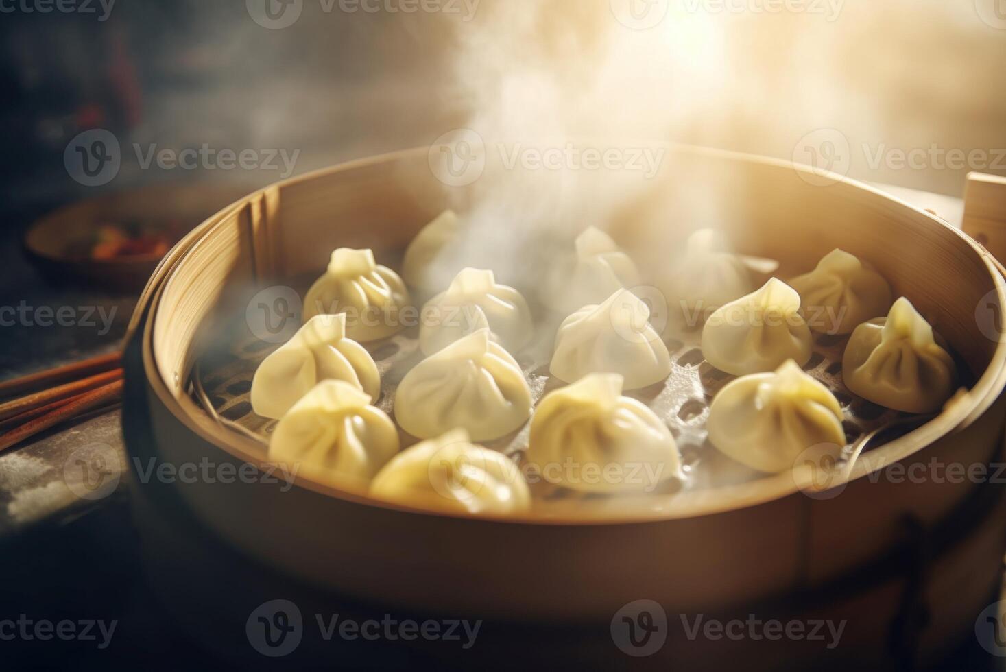 AI generated Dim sum hot dumplings steamer dish. Generate ai photo