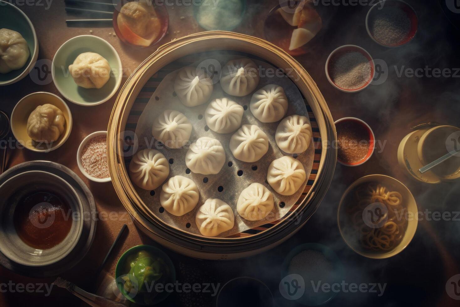 AI generated Dim sum dumplings steamer. Generate ai photo