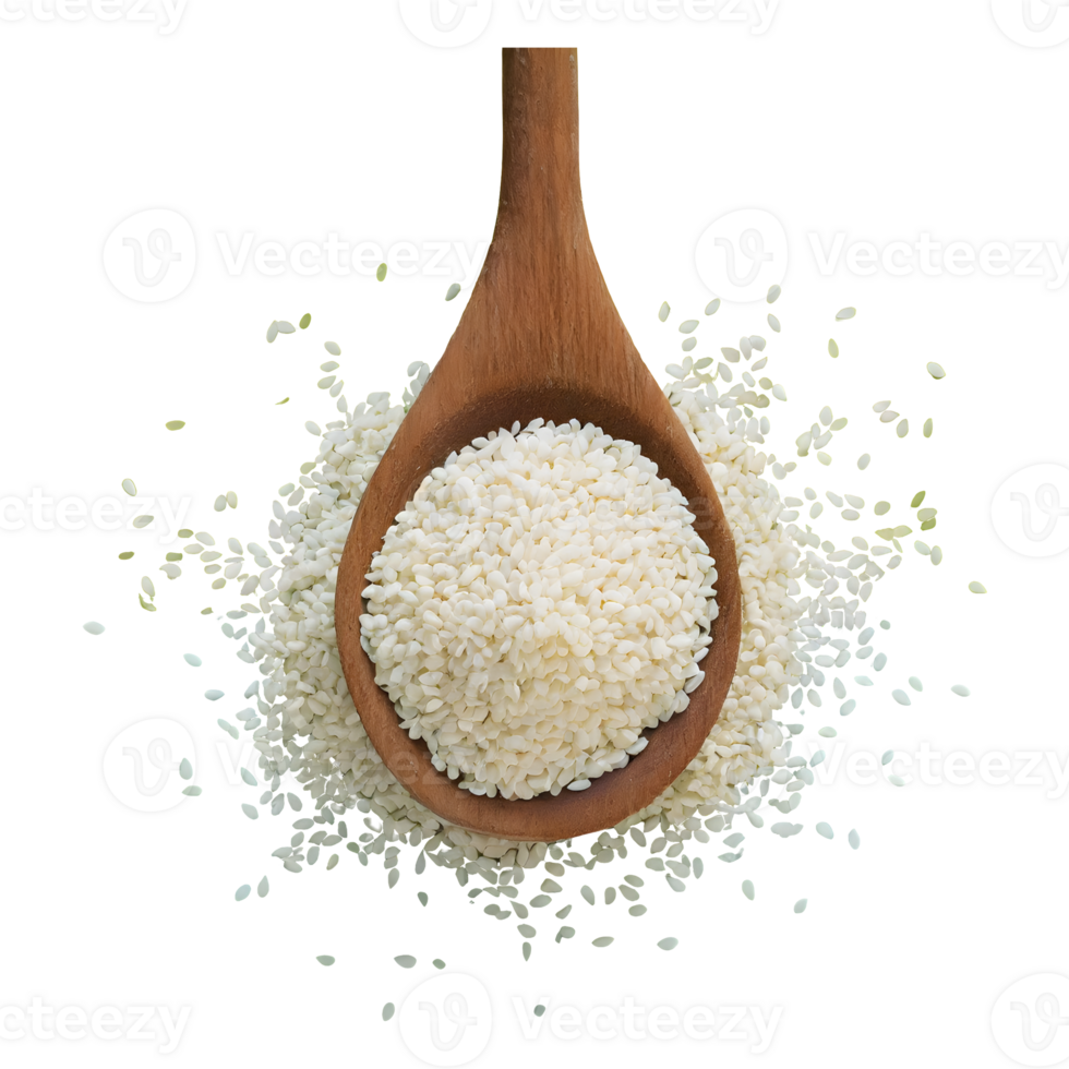 AI generated White sesame seeds in a wooden spoon isolated on transparent background png