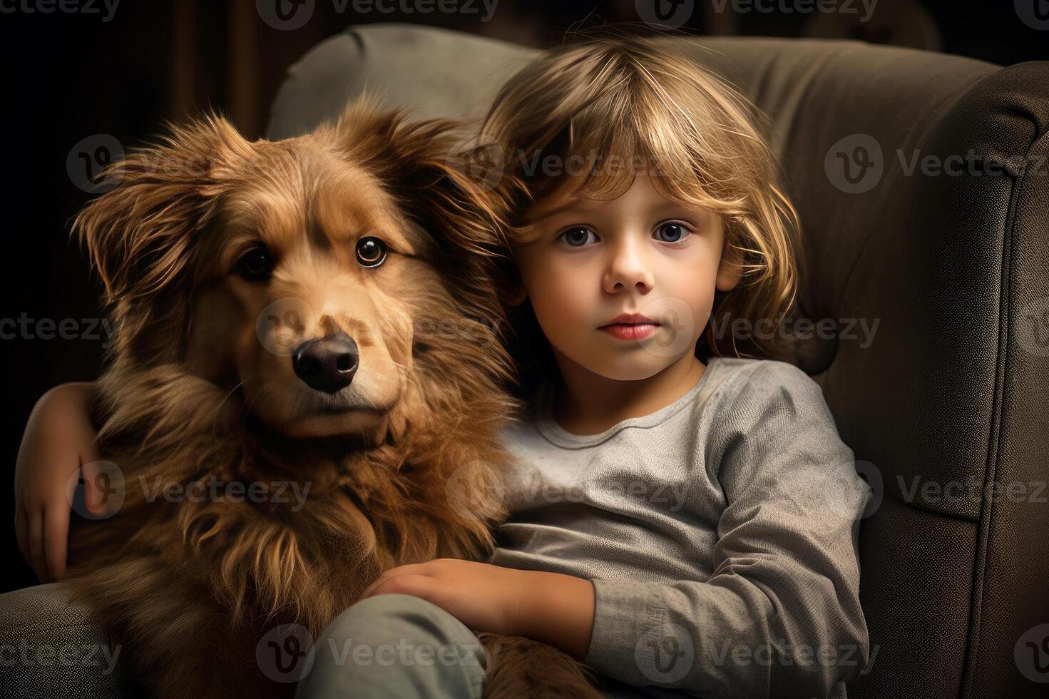 AI generated Snuggly Little child with cute puppy in armchair. Generate ai photo