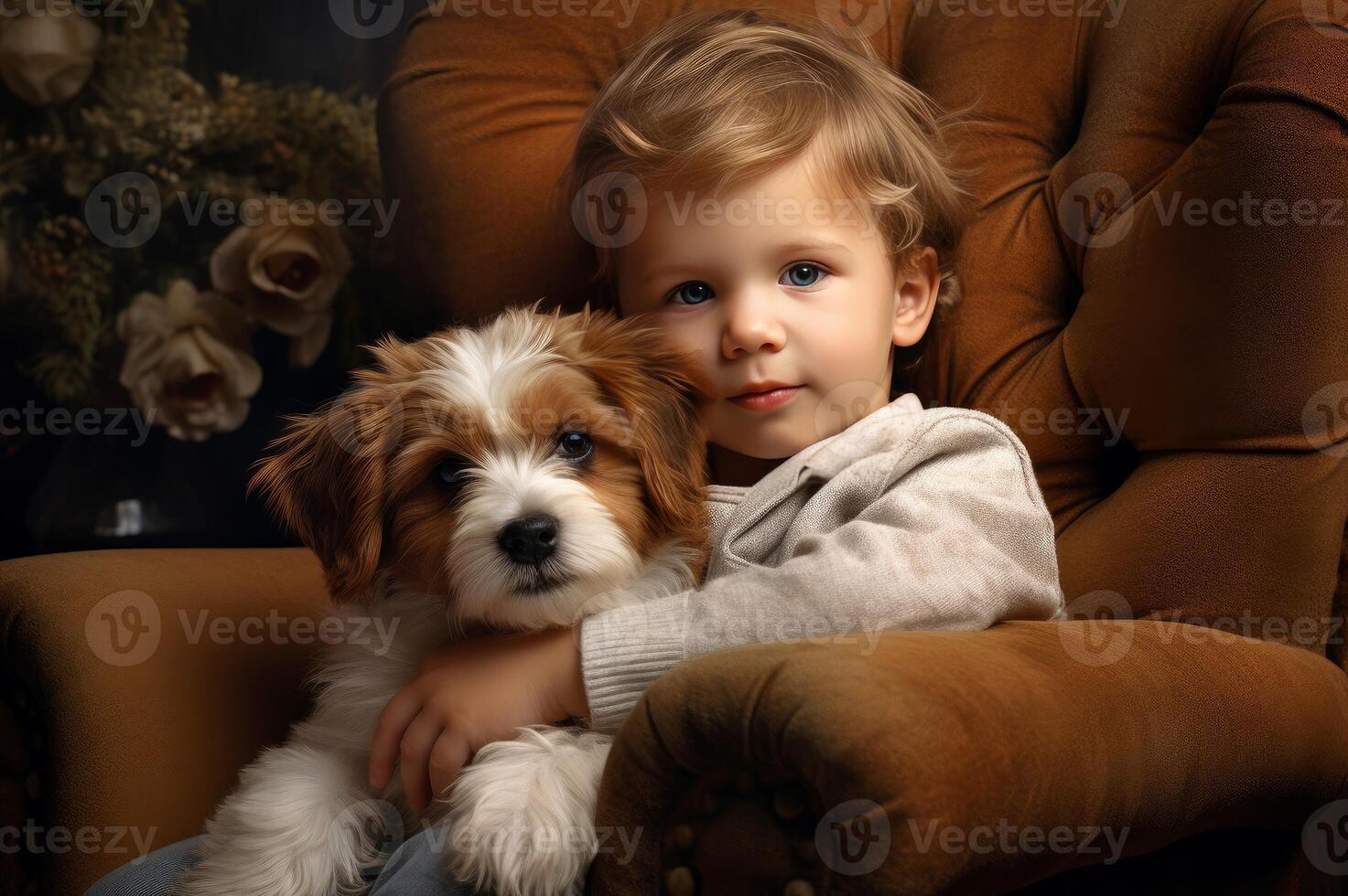 ai generado calentar pequeño niño con linda perrito en sillón. generar ai foto