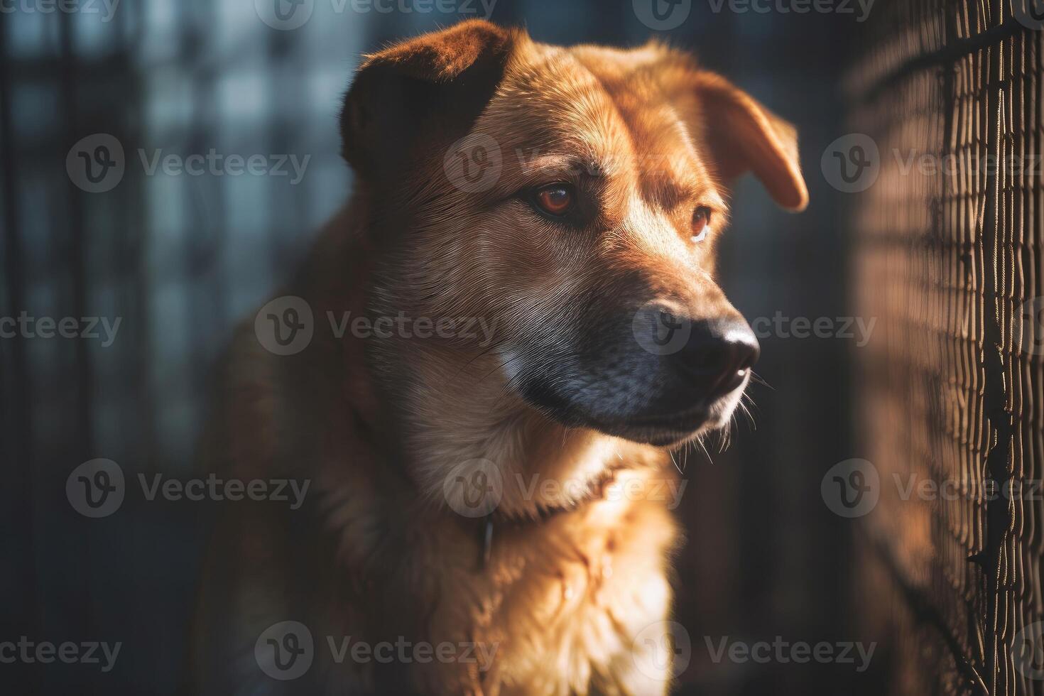 AI generated Stray abandoned dog in shelter cage. Generate ai photo