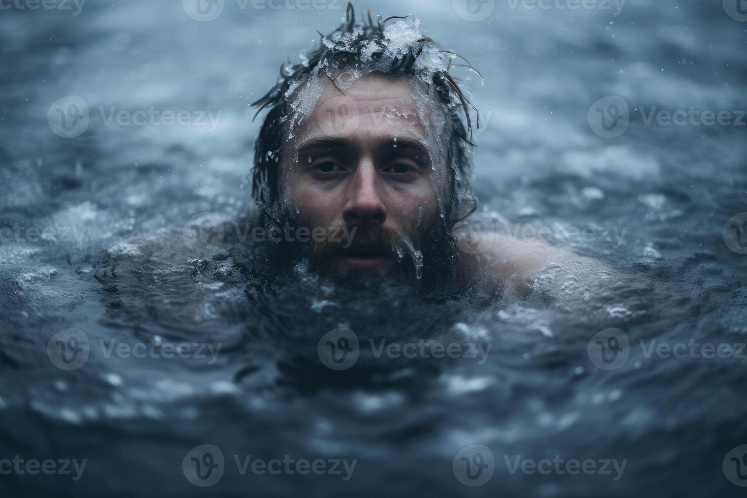 AI generated Determined Man immersing in icy water on winter day. Generate Ai photo