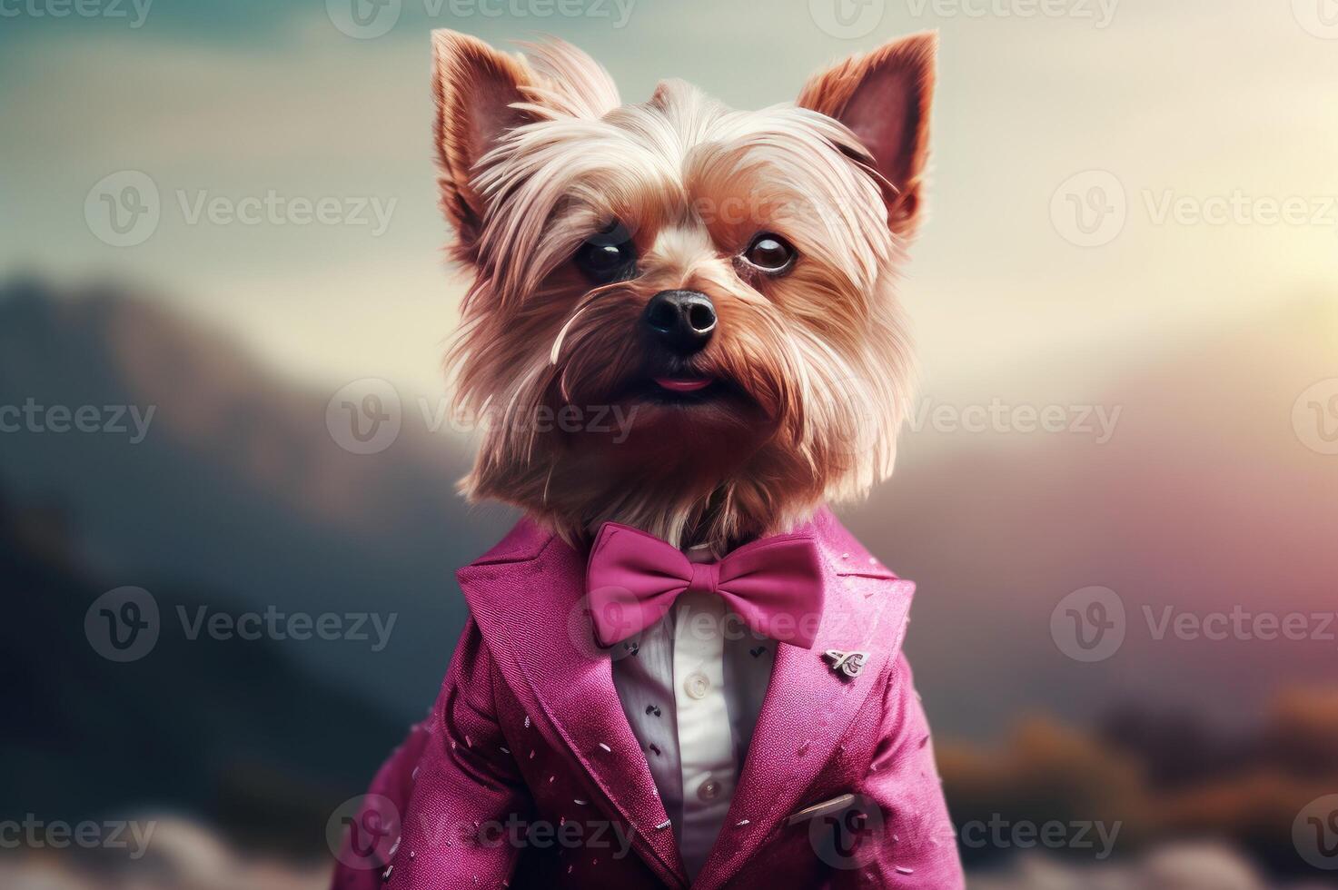 AI generated Cutest Yorkie in pink suit. Generate ai photo