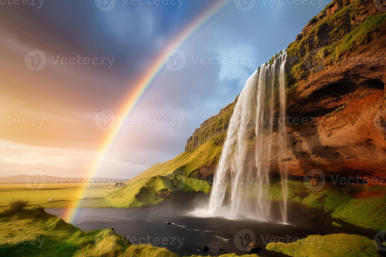 AI generated Beautiful Seljalandsfoss waterfall with rainbow. Generate ai photo