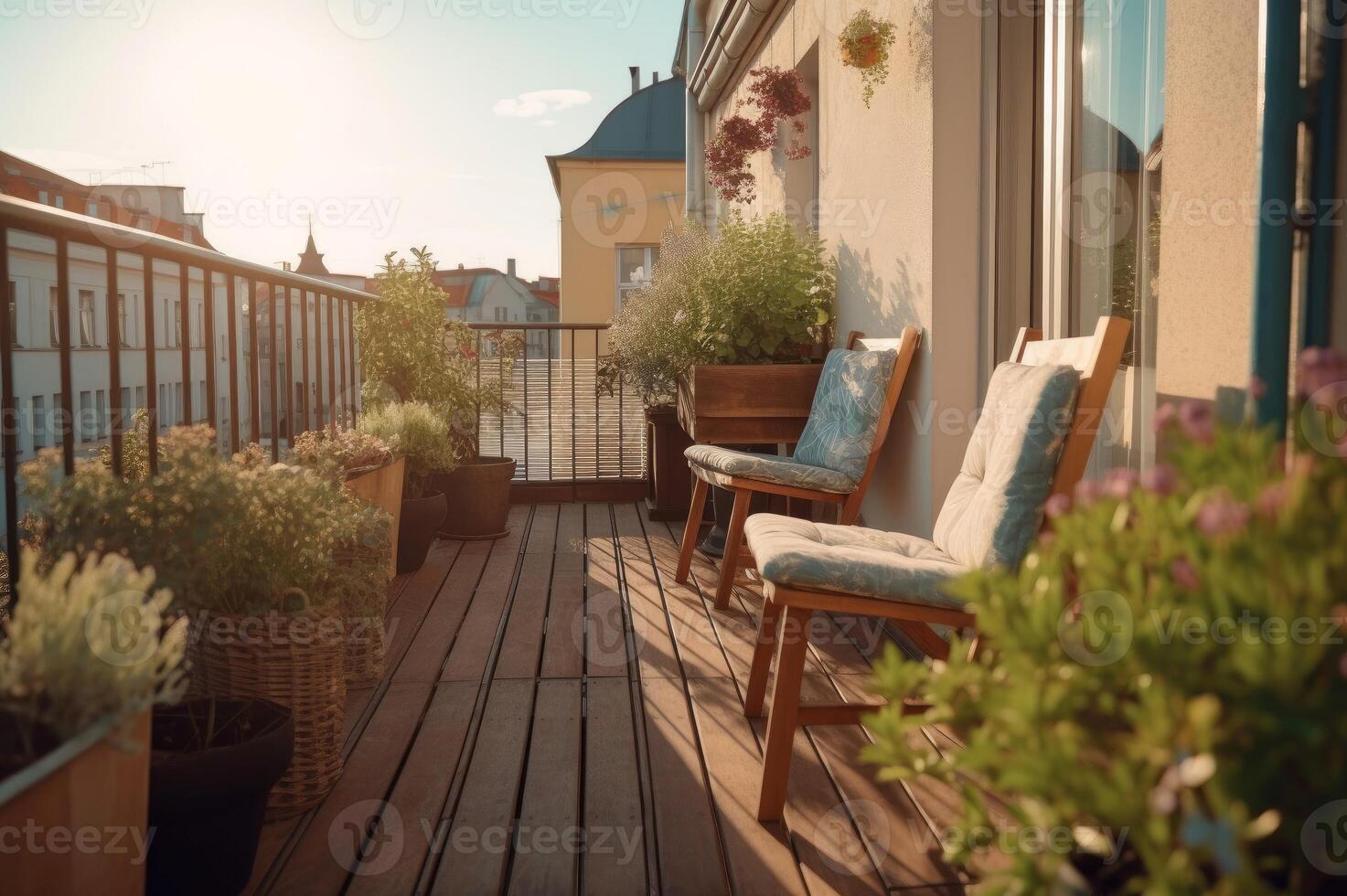 AI generated Balcony terrace with chairs and natural decoration in the morning sunlit. Generate ai photo