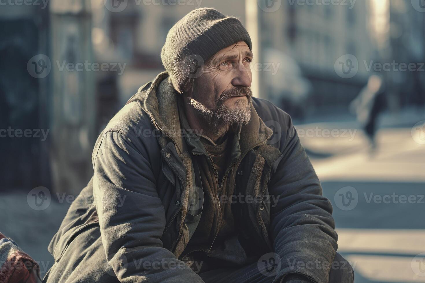 AI generated Homeless beggar sidewalk city sunny day. Generate Ai photo