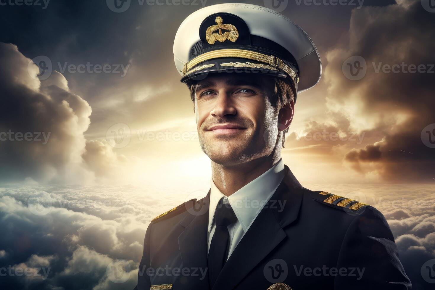 AI generated Steadfast Male captain airplane at sunset. Generate Ai photo