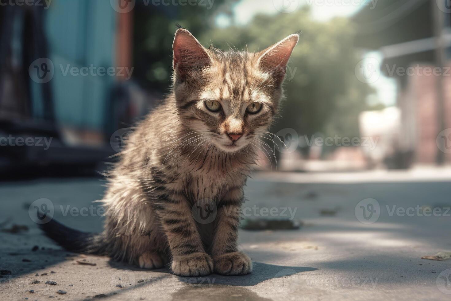 AI generated Sad abandoned hungry kitten street outdoor. Generate Ai photo