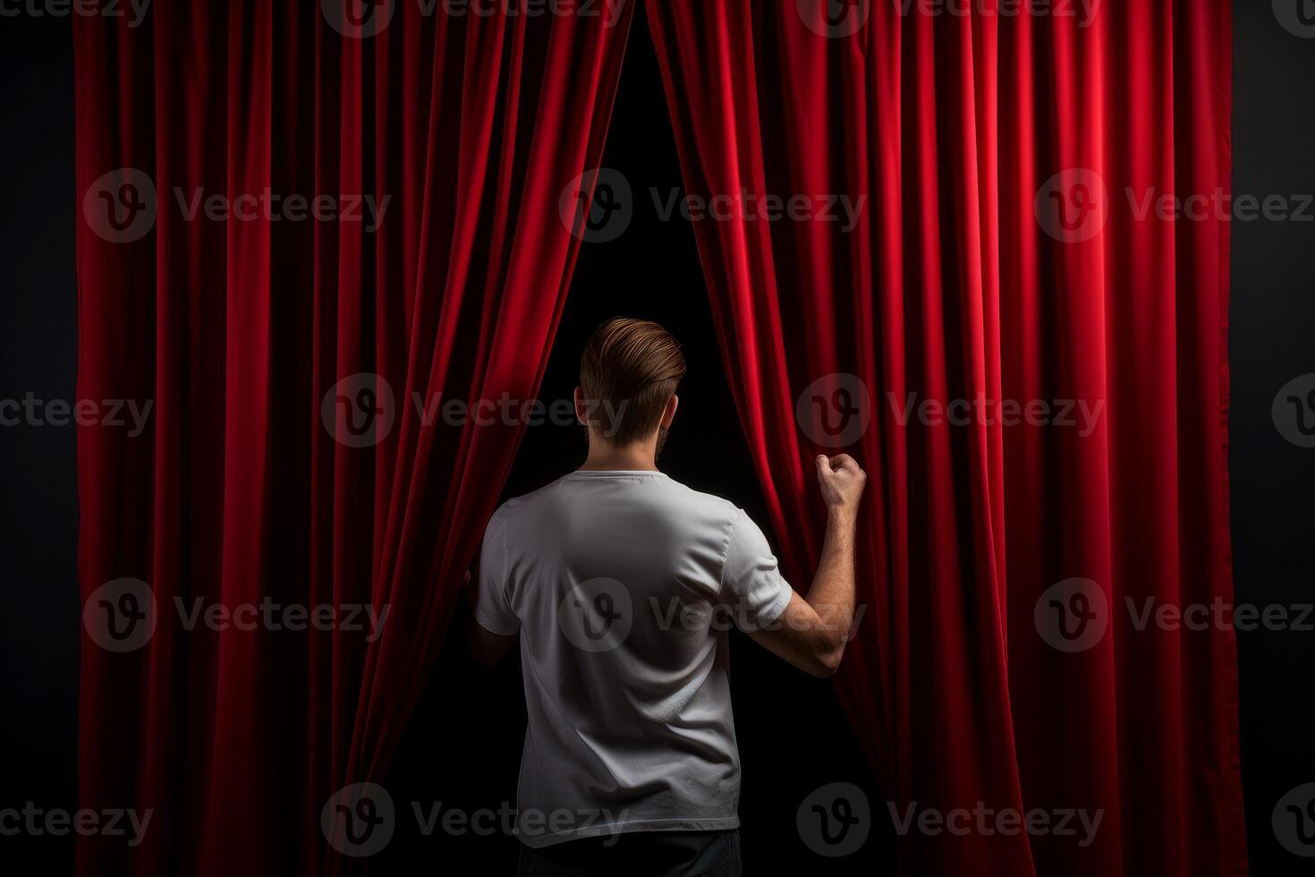 AI generated Mysterious Man open red curtains. Generate Ai photo