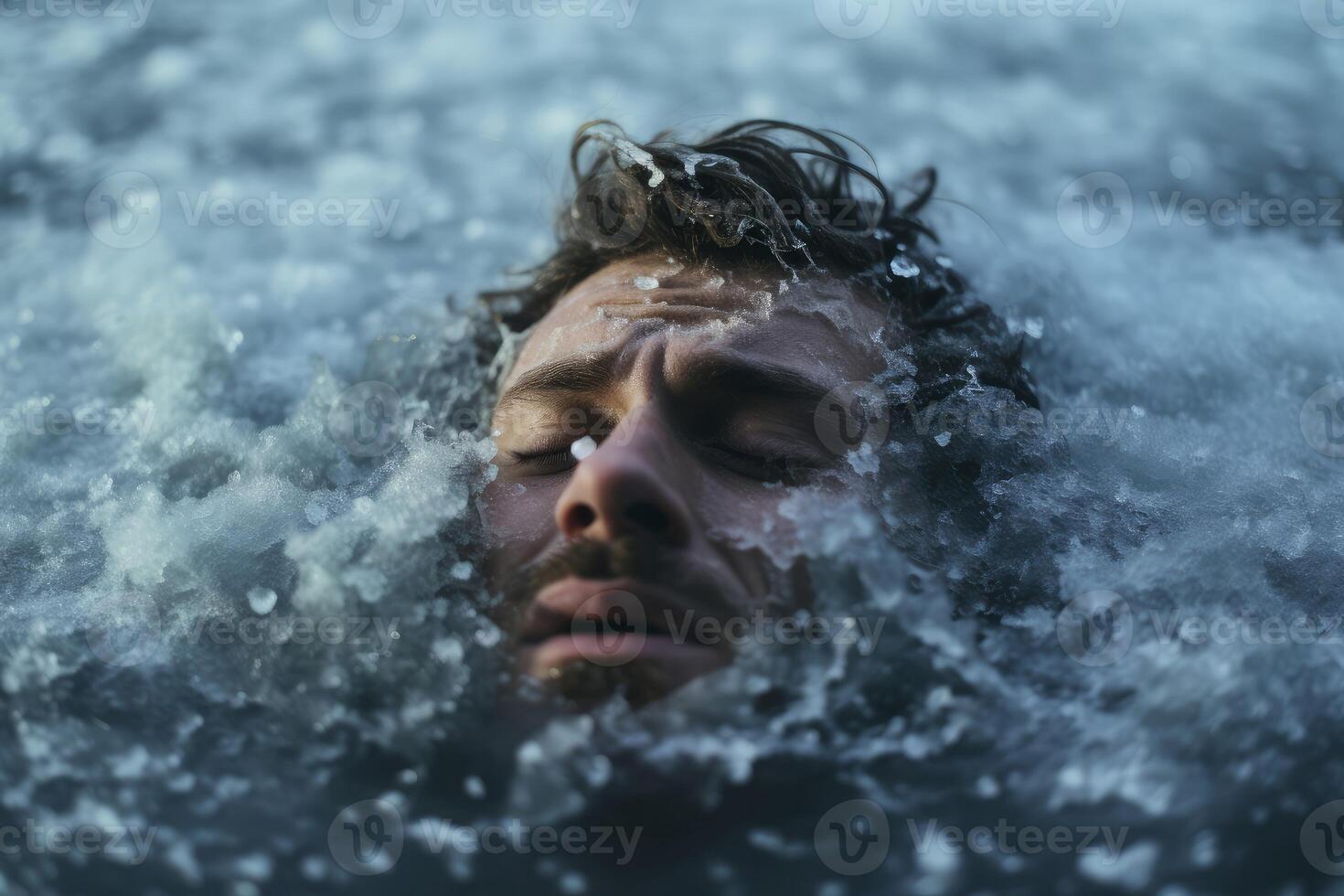 AI generated Audacious Man immersing in icy water on winter day. Generate Ai photo