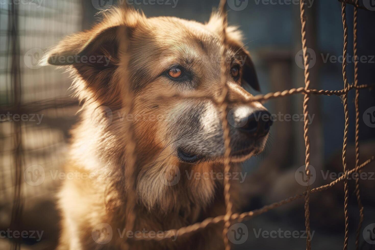 AI generated Stray homeless dog in cage. Generate ai photo