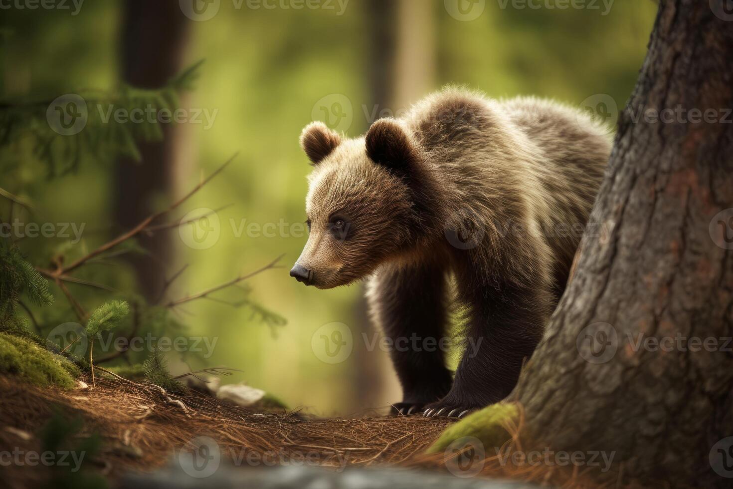 AI generated Baby bear forest. Generate AI photo