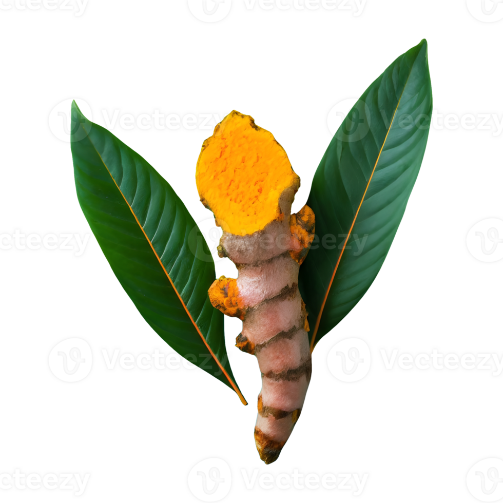 AI generated Fresh turmeric with leaves isolated on transparent background png
