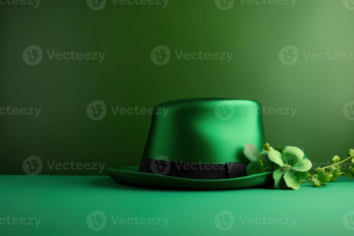 AI generated Green leprechaun hat with lucky plant. Generate ai photo