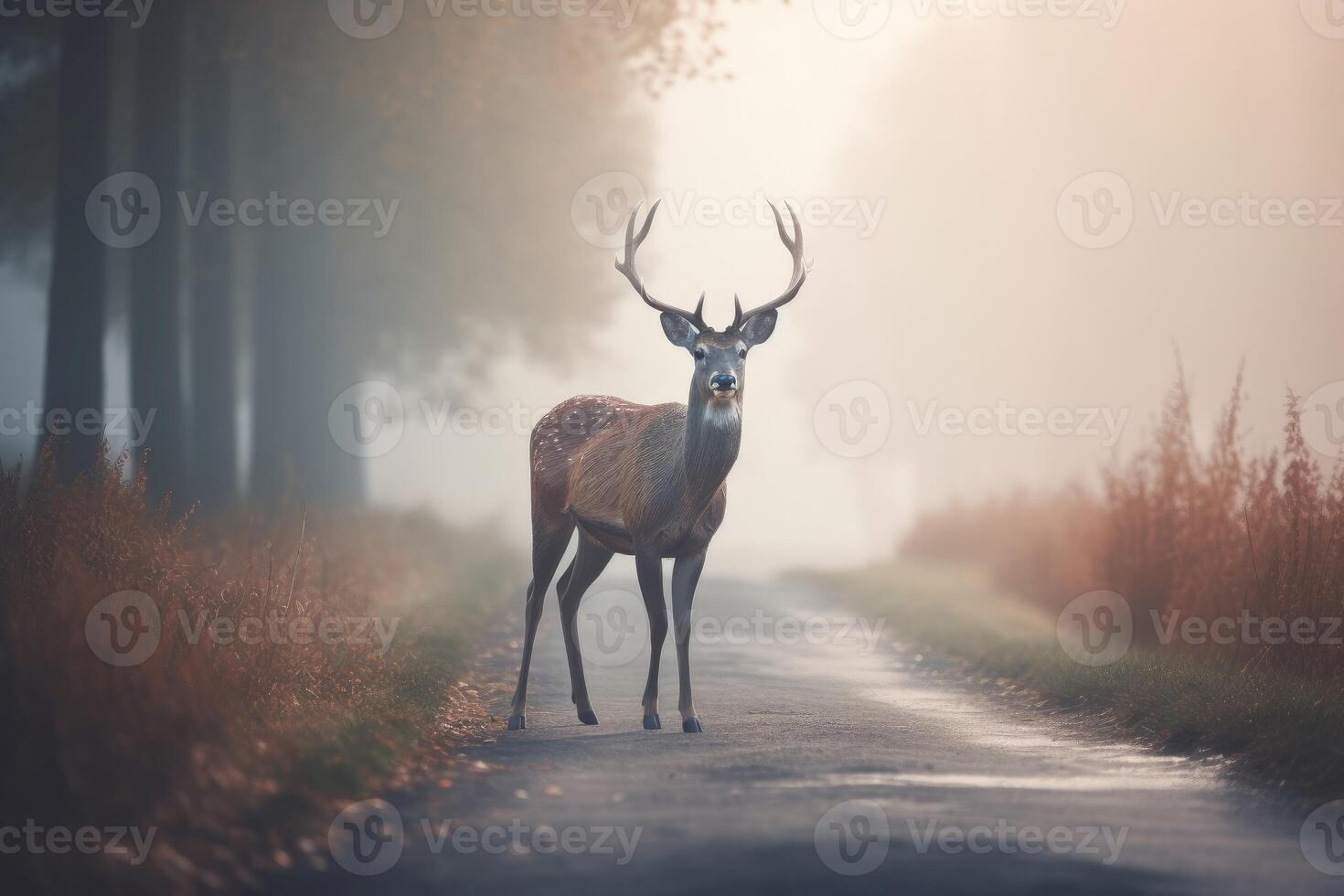 AI generated Deer on road scene with misty thicket smoke. Generate ai photo