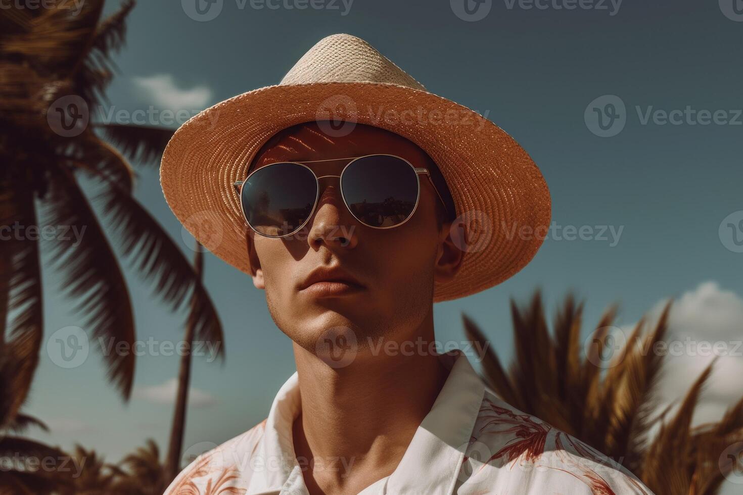 AI generated Fashion summer male model with sunglasses and sunhat. Generate ai photo